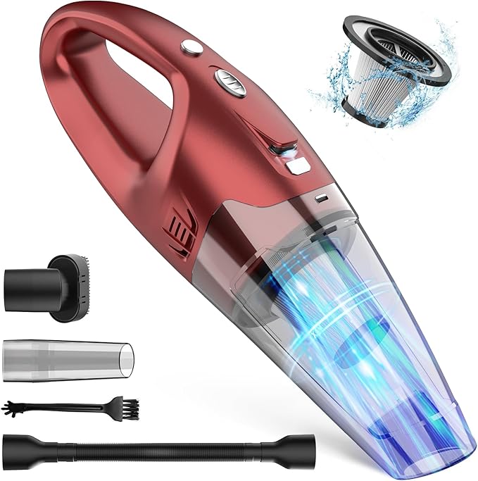 FUOAYOC Handheld Vacuum Cordless,Car Cordless Rechargeable, 6KPA Powerful Suction Hand Held Vacuum with LED Light/Multi Accessories, 1.6lbs Mini Portable Vacuum Cleaner for Home/Car/Office Cleaning