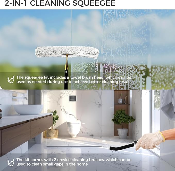 16.7“- 59.5" Long Handle Window Squeegee with Extension Pole, 12.4" Wide Metal Shower Squeegee for Glass Doors, 2-in-1 Squeegee for Home Window Cleaning, Tile Wall, Car (Gold)