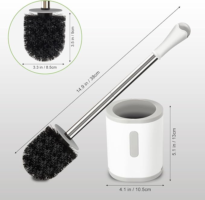 AONEZ Compact Toilet Brush & Holder, Stainless Steel Handle, Space Saving for Storage, Deep Cleaning, Drip-Proof, Easy to Assemble, Nylon Bristles, White & Grey