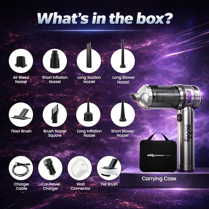 2026 Upgraded 4-in-1 Handheld Cordless Car Vacuum Cleaner, 16000PA High Power Air Blower & Mini Car Vacuum Cleaner with LED Light for Home, Office & Auto, 15000mAh long Battery & Type-C Fast Charging