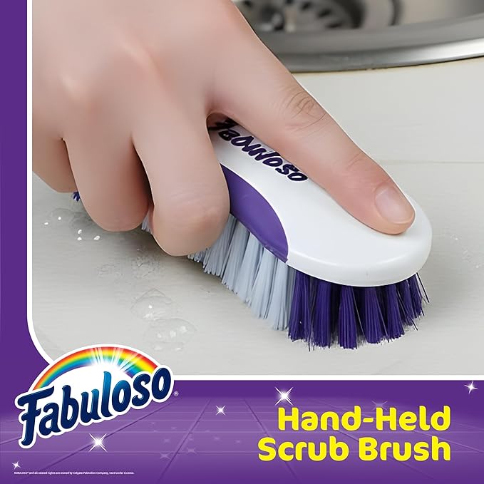Fabuloso Cleaning Brush, Compact Hand Scrub Brush with Easy Grip Rubber Texture for Kitchen, Bathroom, Tile, Baseboards and Floors, Firm Bristles for Indoor Surface Cleaning, White & Purple, 6 Inch