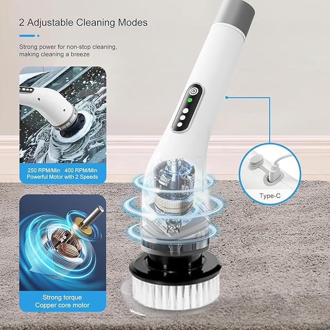 Electric Spin Scrubber,Electric Cleaning Brush for Bathroom,Kitchen and Shower,Adjustable Handle with 7 Replaceable Heads