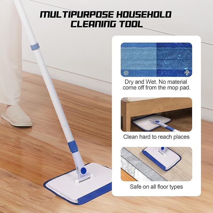 Qaestfy Baseboard Cleaner Tool with Handle, Wall Floor Mop with Extendable Long Handle Duster for Cleaning Window, Floor, Skirting Board, Ceiling, Shower, Tub Tile, Kitchen with 6 Reusable Pads