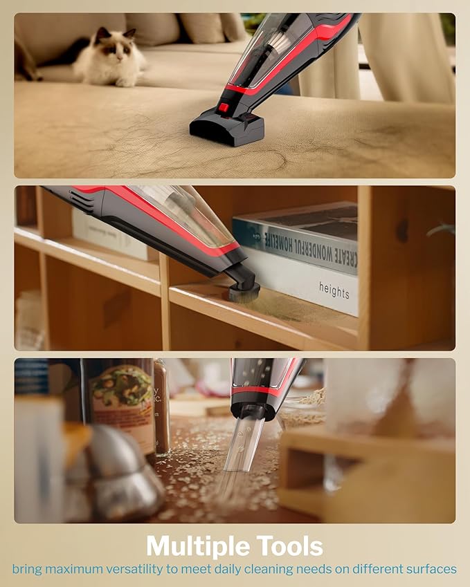 Powools Pet Hair Handheld Vacuum Cordless, Car Vacuum Rechargeable with Reusable Filters, Motorized Brush and Multi-Accessories for Carpet, Couch & Stairs, Red, 17.0"X 4.6"X 6.6"