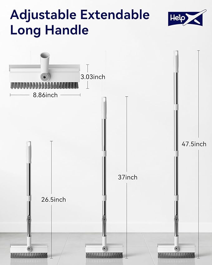 Small Floor Scrub Brush with Length Adjustable Long Handle, 3 in 1 Heavy-Duty Stiff Bristle Scrubber Brush with Squeegee and Tweezer for Cleaning Bathroom, Tile, Deck, Patio, Garage and Kitchen