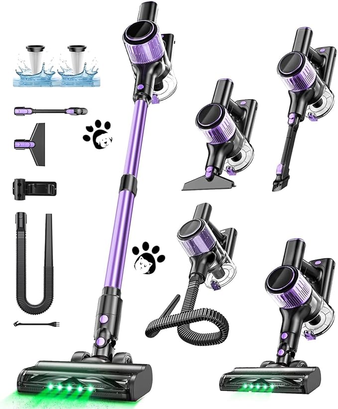 Cordless Vacuum Cleaner, 10 in 1 Stick Vacuum with Powerful Suction, Hose, Green LED Light, Anti-Tangle Brush, Lightweig