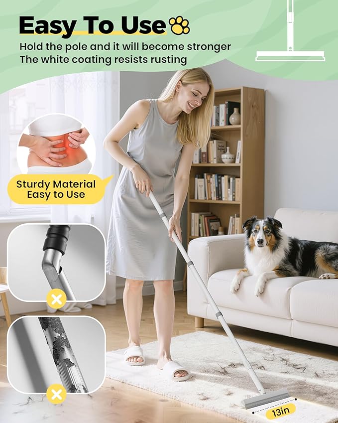 Carpet Rake for Pet Hair Removal Tool - 4 in 1 Pet Hair Remover Kit for Dog Cat Fur Remover, Contain 60" Adjustable Rubber Broom, Glove, Magic Brush and Scraper for Furniture,Short Pile Carpets, Mats