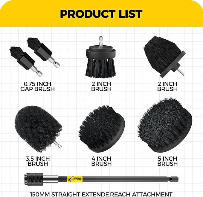 Holikme 8 Piece Drill Brush Attachments Set, Power Scrubber Brush with Extend Long Attachment，Cleaning Supplies，Scrub，Shower Scrubber，Bathtub, Bathroom, Kitchen（Black）
