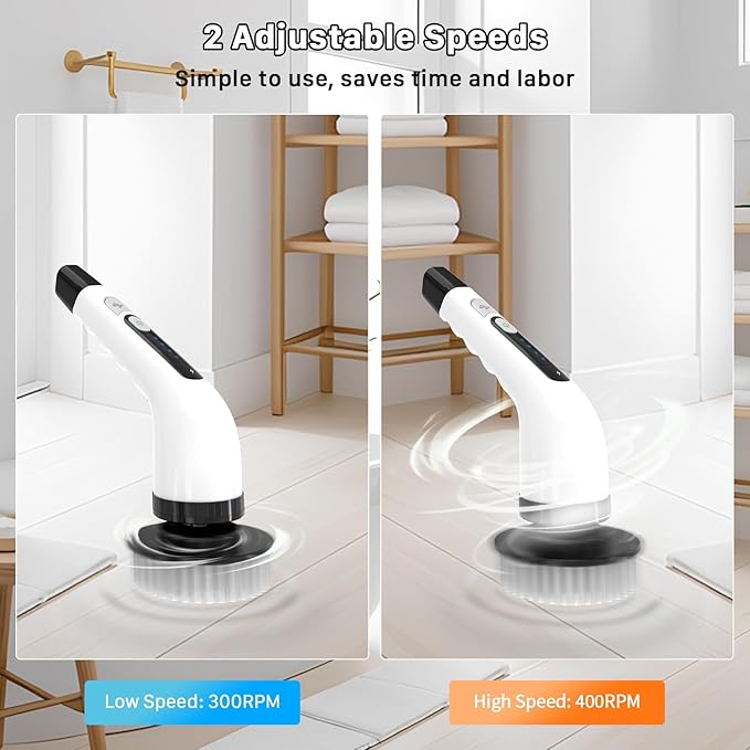 Electric Spin Scrubber, Cordless Cleaning Brush with 7 Replaceable Heads Brush, Power Scrubber with 12 & 54in Extendable Handle, 2 Speed 400RPM Shower Scrubber for Bathroom, Tub, Tile, Floor, Car