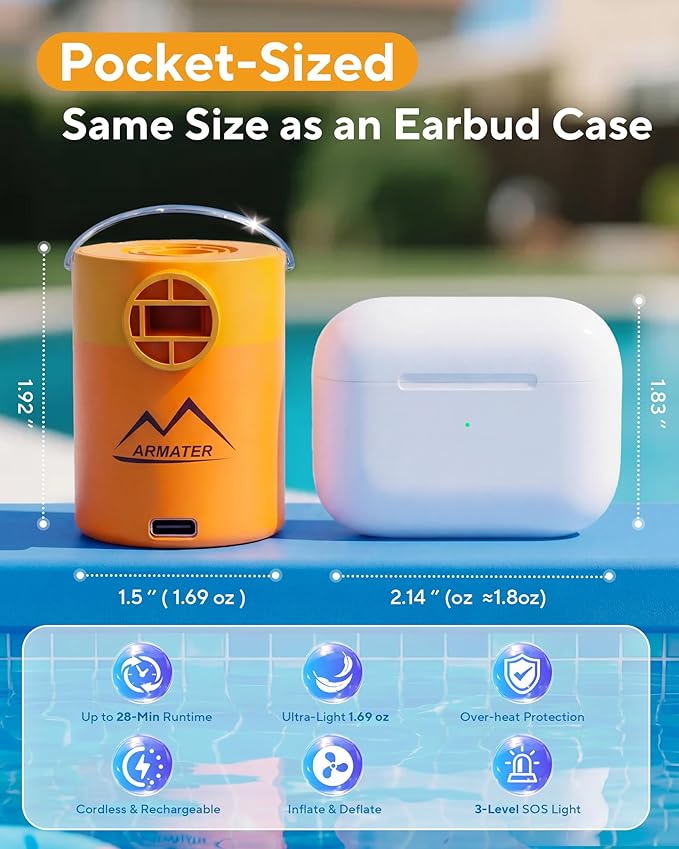 MKARMATER 1.69oz Ultra-Mini Portable Air Pump for Pool Floats & Air Mattress, Quick Wireless Inflator & Deflator for Vacuum Storage Bags, Tiny Rechargeable Electric Pump for Camping