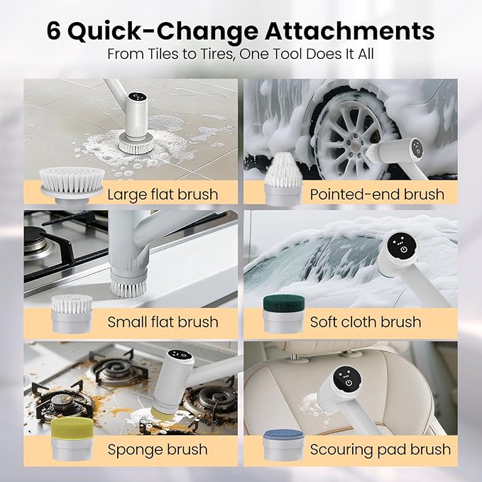 Electric Spin Scrubber, 4500mAh Cordless Cleaning Brush, 6 Brush Heads, Touch Control, 47" Adjustable Handle Relieves Back Pain, IPX7 Waterproof Power Scrubber for Bathroom Shower Floor Tile Bathtub.