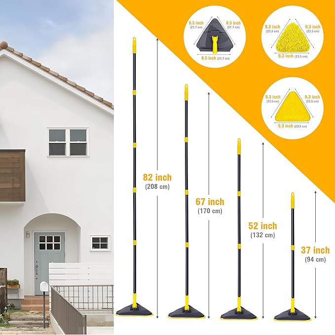 Newly Upgraded Wall Mop with 82 Inches Long Handle, 180° Folding Wall Cleaner Triangle Mop with Squeegee, 3-in-1 Ceiling Cleaning Tool with 6 Replacement Pads for Wall, Baseboards, Ceiling, Floor