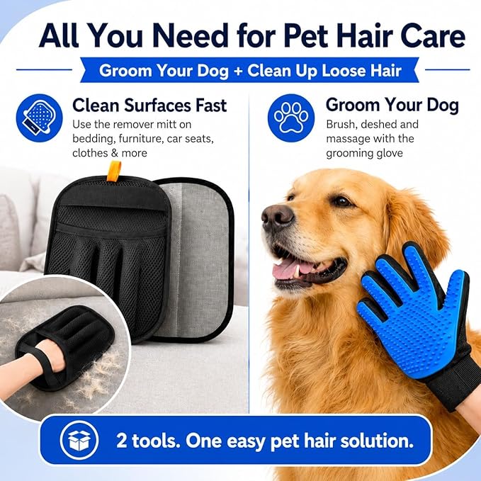 NVNAN 3 PCS Pet Hair Removal Glove and Pet Grooming Glove Kit for Cats & Dogs, Pet Hair Gloves & Dog Washing Gloves ，Reusable Magic Brush Pet Hair Remover Tool for Laundry，Carpet,Car Seat，Couch