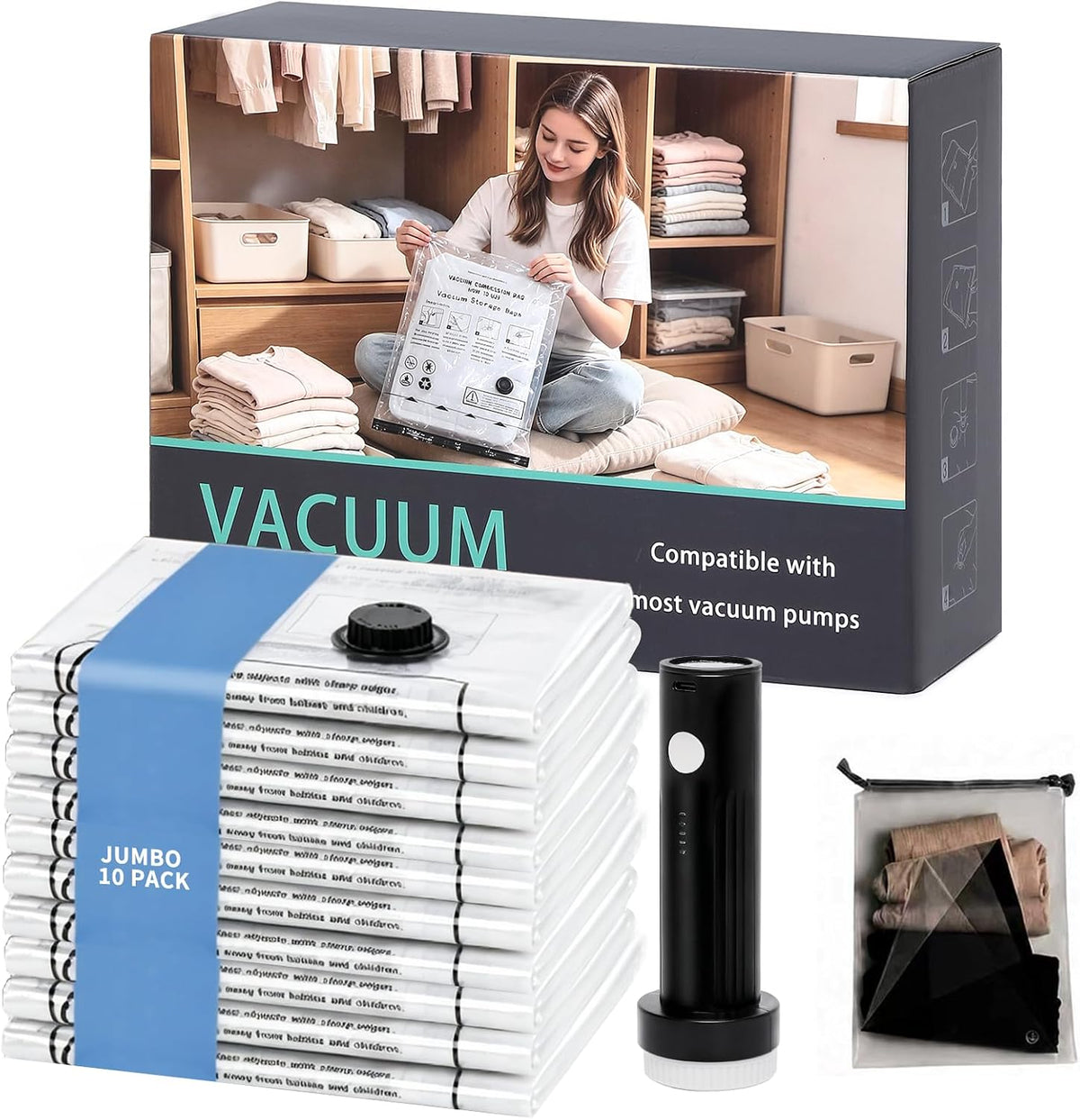 10 Pack Jumbo Vacuum Storage Bags with Electric Pump, 10J XL Large Space Saver Bags for Blankets Comforters Bedding, Leak-Proof Seal for Home Storage & Moving