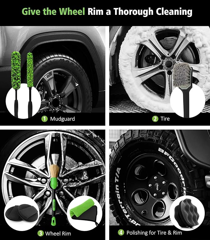 YeewayVeh 8PCS Ultimate Wheel and Tire Brush Kit | 2-Size 360° Bendable Rim Brushes, Boar Hair Detailing Brush, Tire Shine Applicators & Microfiber Towel | Complete Scratch-Free Cleaning & Shining Set