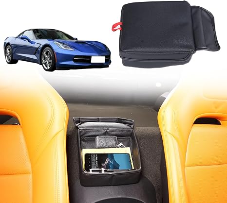 Black Leather Car Seat Organizer, Stable Car Storage bag Compatible with Chevrolet Corvette C7 2014-2019 Car Armrest Rea
