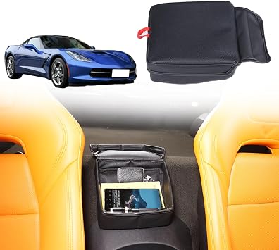 Black Leather Car Seat Organizer, Stable Car Storage bag Compatible with Chevrolet Corvette C7 2014-2019 Car Armrest Rea