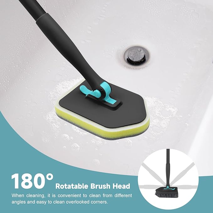 nacena Shower Scrubber with Long Handle, 4 in 1 Tile Tub Scrubber Brush with 3 Detachable Cleaning Heads and V-Shaped Grout Brush Shower Cleaner Brush for Bathroom Kitchen Toilet Tub Sink Wall, Black