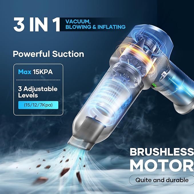 SakerPlus Mini Vacuum Cleaner, 3 in 1 Car Vacuum Cleaner High Power, 15000PA Powerful Suction, Air Duster, 7500mAh, Adjustable Small Vaccum Portable Cordless for Cars,Desktop,Home- Light Blue