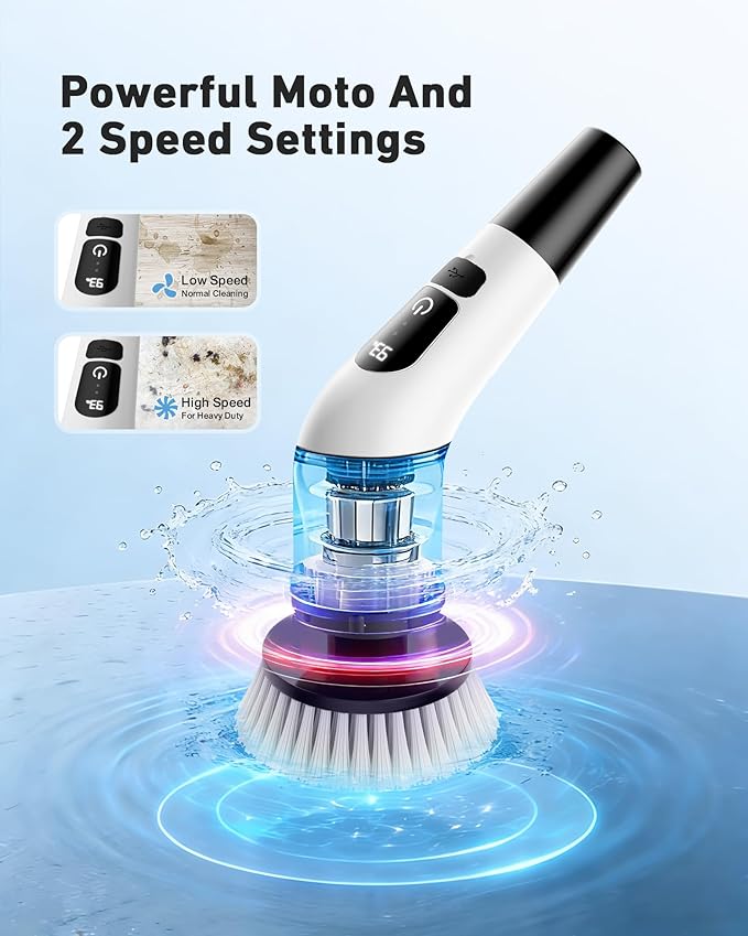 Powerful Electric Spin Scrubber, for Mom, Cordless Cleaning Brush, 90-Min Extended Runtime, Telescopic Long Handle, 8 Replaceable Heads, 2 Speeds for Bathroom, Floor & Glass