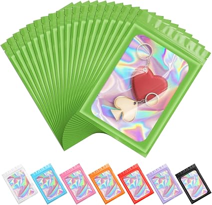ANZNKU 100PCS Holographic Green Mylar Bags, Resealable Smell Proof 5.1x8.3