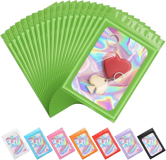 ANZNKU 100PCS Holographic Green Mylar Bags, Resealable Smell Proof 5.1x8.3