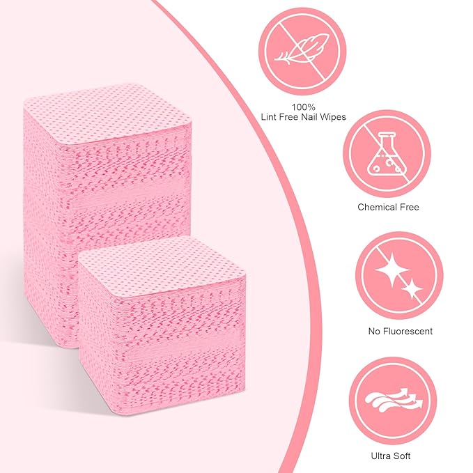 Lint Free Nail Wipes, Acetone Nail Polish Remover 1080PCS with Pump Dispenser, Gel Nail Polish Remover Pads Soft Non-woven Nail Wipes for Nail Polish Remove and Acrylic Nail Supplies,Pink