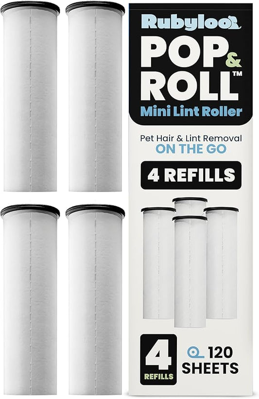Rubyloo Mini Lint Roller for Pet Hair 4 Refills Pack - Travel Size Sticky Pet Hair Roller with Retractable Cover - Cat & Dog Fur Remover for Clothes