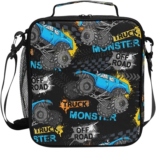 Kids Lunch Box Boys Girls Insulated Lunch Cooler Bag Monster Truck Car Trace Reusable Lunch Tote Kit for School Travel