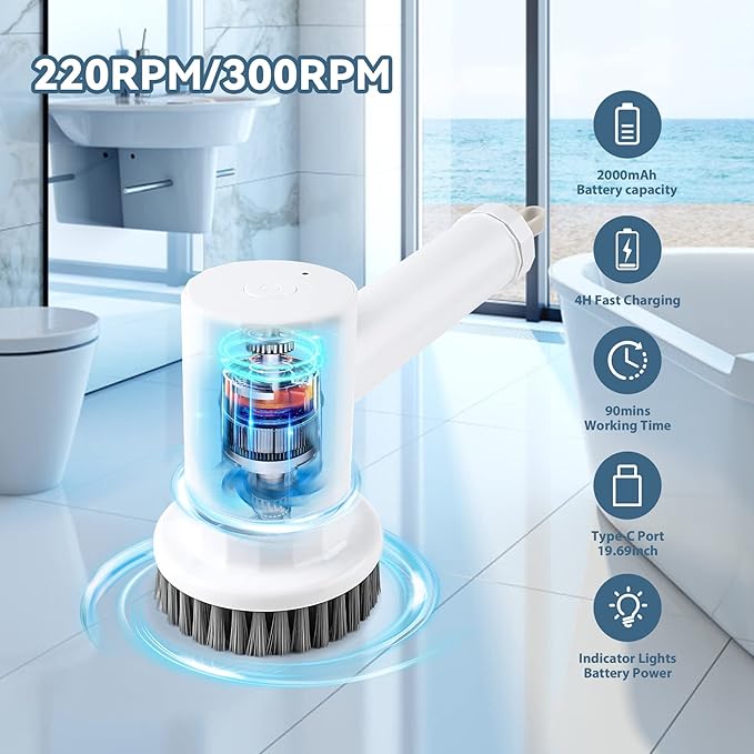 Electric Spin Scrubber Cordless Power Cleaning Brush with 4 Replaceable Brush Heads 2 Adjustable Speeds for Bathroom Kitchen Dishes Tub Sink Tile Window Floor Grout, White