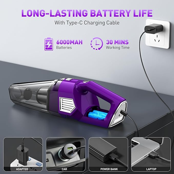 Handheld Vacuum Cordless, 15000PA Powerful Suction Car Vacuum Cleaner Lightweight with Multi Accessories, Hand held Vacuum Cleaner Cordless Rechargeable for Car Home