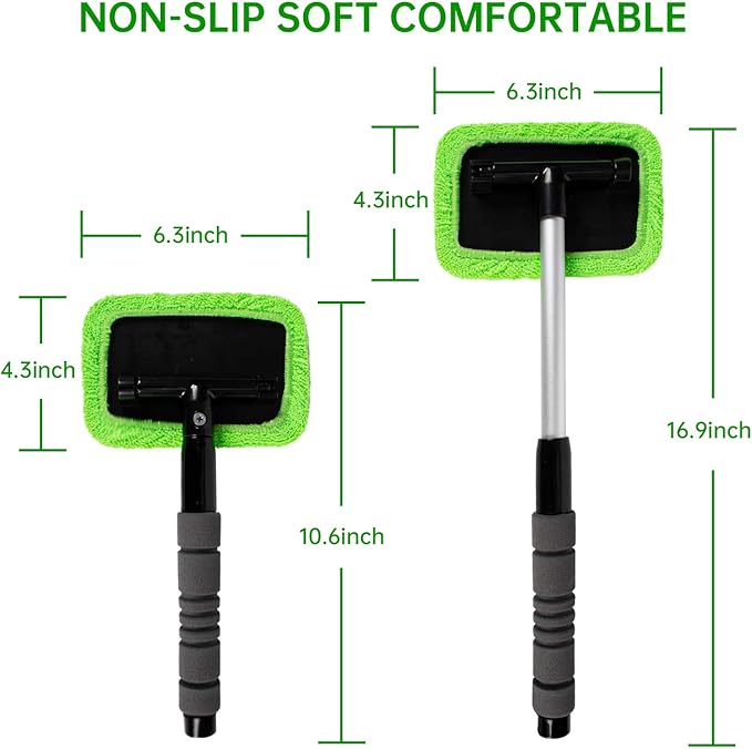 XINDELL Windshield Cleaner Tool – Car Window Cleaning Tool Extendable Handle for Easy Cleaning, 9pcs Reusable Microfiber Pads, Streak-Free Interior & Exterior Auto Glass Cleaner (Green)