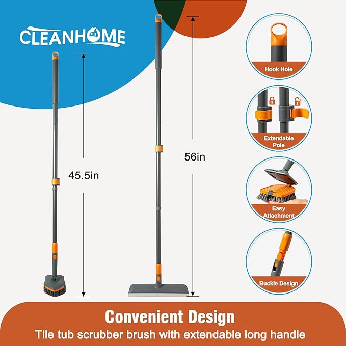 CLEANHOME Floor Scrub Brush Tile Tub Scrubber Brush with 4 Different Cleaning Heads, Shower Brush with 56” Extendable Long Handle, Scrubbers for Cleaning Kitchen, Bathroom, Tub, Tile, Wall