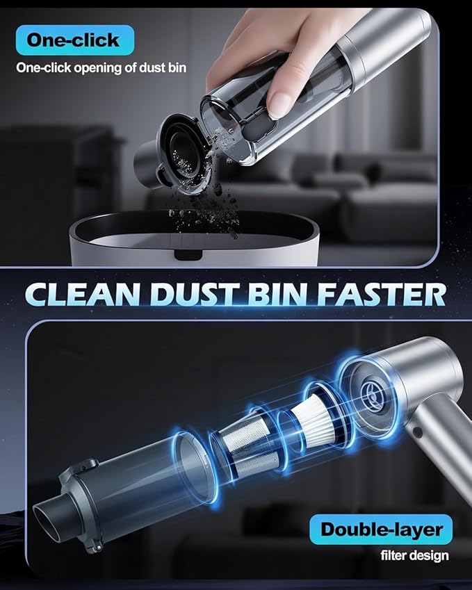 2026 Upgraded Handheld Car Vacuum, Cordless Car Vacuum Cleaner with 15000Pa Strong Suction, Brushless Motor & Filter, 7-in-1 Cleaning Kit, Type-C Charging for Home Office Car Pet (Silver)