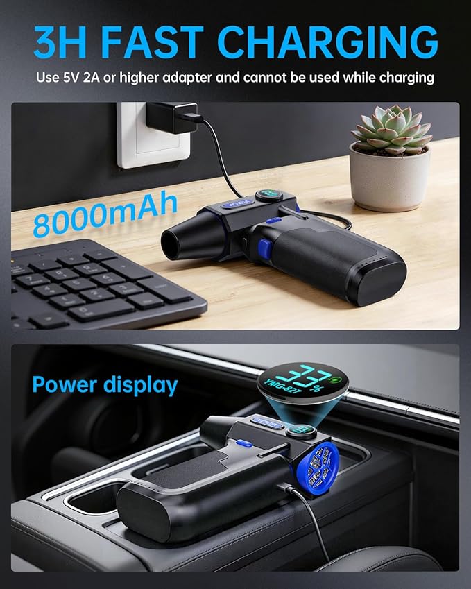 VICNOVA Compressed Air Duster, 150000RPM Brushless Motor Cordless Electric Air Blower, 3-Gear Rechargeable Air Duster with LED Light for PC, Computer, Laptop, Keyboard, Car Cleaning, Gifts for Men