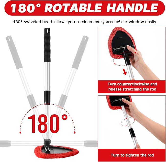 Potchen 8 Pcs Car Windshield Cleaner Tool Kit with Extendable Handle, Microfiber Towel Pads, Brush, Empty Spray Bottle for Auto Glass Wiper Suvs Rvs & Home Windows(Red)