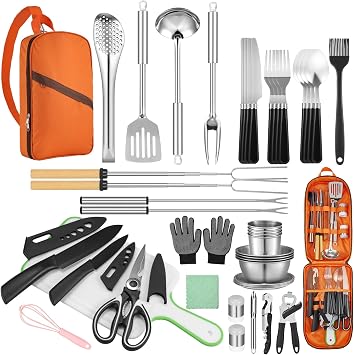 Hozzen Camping Cooking Set - Camping Utensil Set Car Camping Cooking Essentials Gear for Camp Kitchen Cooking and Grilli