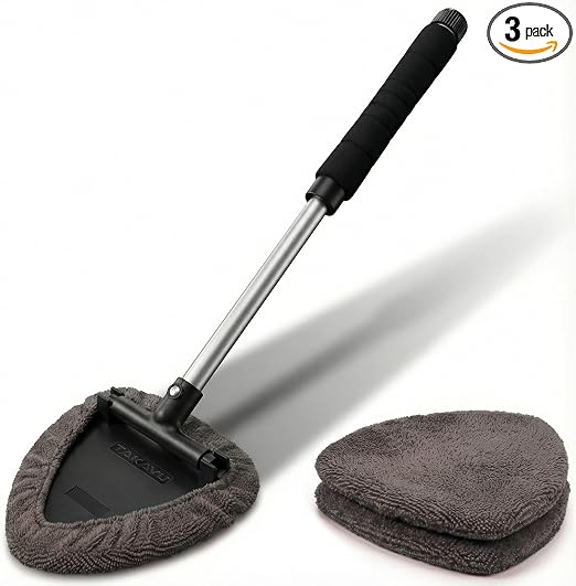 TAKAVU Window & Windshield Cleaner, Extendable, 3 Microfiber Pads (Grey)