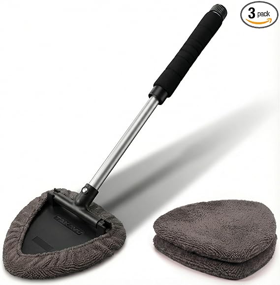 TAKAVU Window & Windshield Cleaner, Extendable, 3 Microfiber Pads (Grey)