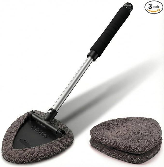 TAKAVU Car Window Cleaning Tool, Windshield Wiper Cleaner with Extendable Long-Reach Handle, 3 Washable Reusable Microfiber Bonnets, Car & Home Inside Interior Exterior Use - Lint Free (Grey)