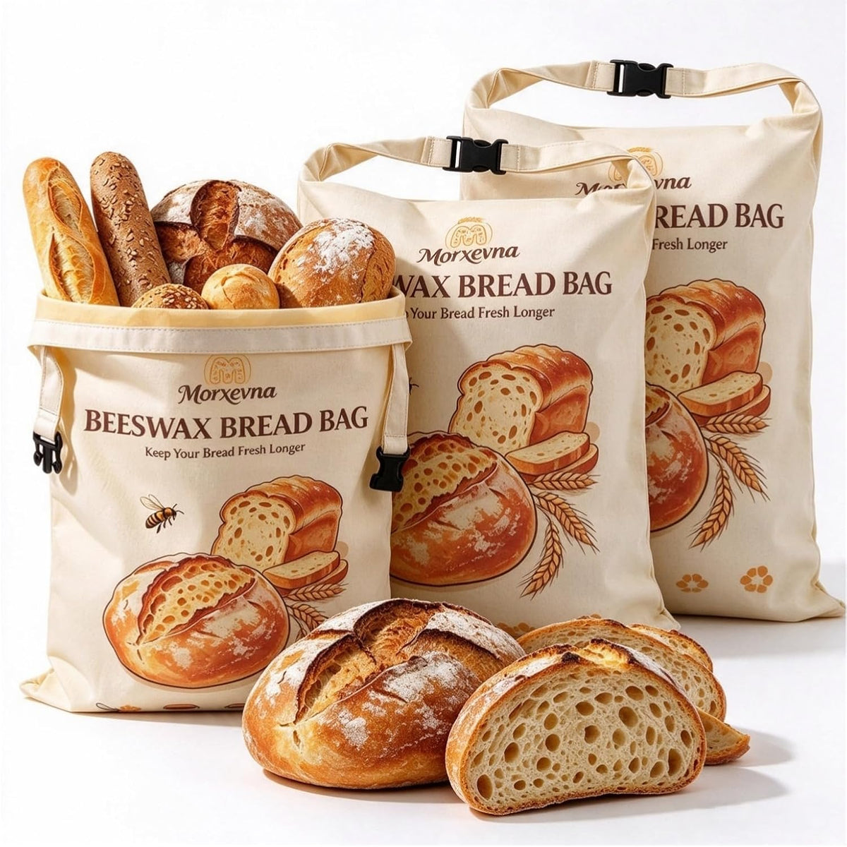 3 Pack Cotton Reusable Beeswax Bread Bags, 17“ × 13”, XL Large
