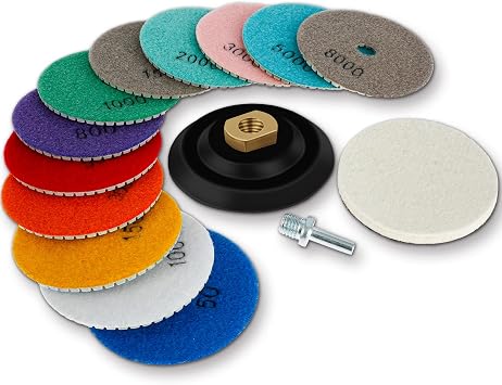 15Pcs 4 Inch Diamond Polishing Pads with Backer Pad, Wet/Dry 50-8000 Grit Polish Pad Kit for Drill Grinder Polisher Conc