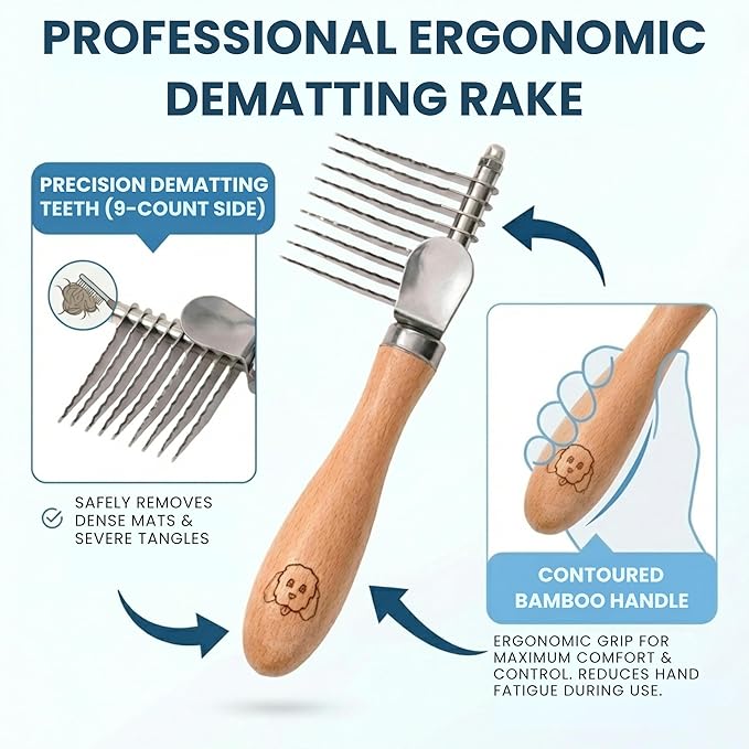 Dog Dematting Brush & Rake, Detangler Brush for Dogs, Comb Tool for Grooming, Best for Doodles, Poodles, Goldendoodles, Cats & Other Pets, Matted Fur Removal On Undercoat [We Love Doodles]