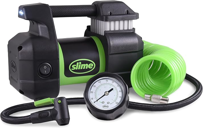 Slime 40031 Tire Inflator, Portable Car, SUV, 4x4 Air Compressor, Pro Power, Heavy Duty, with Analog 150 psi Dial Gauge,