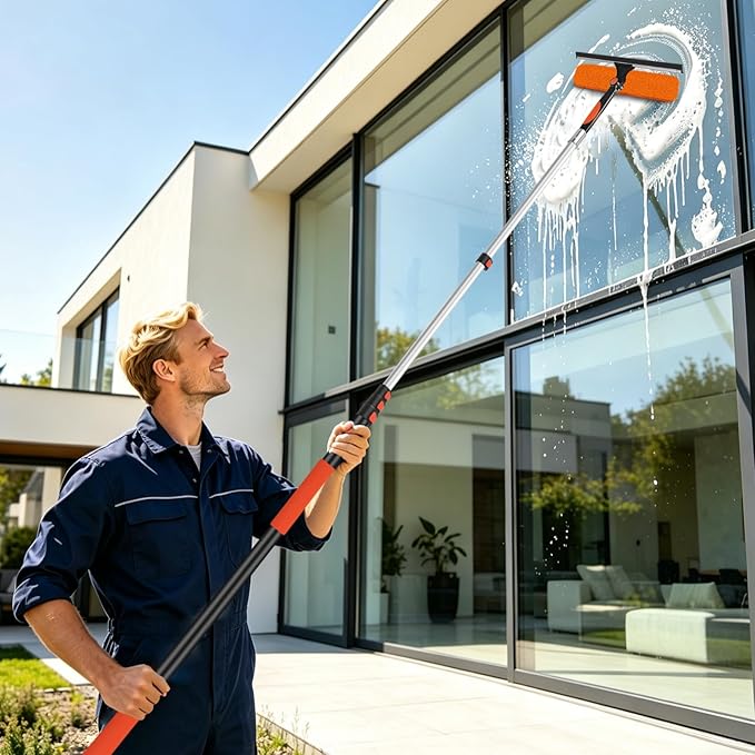 26FT Telescoping Window Squeegee Kit | 2-in-1 Professional Window Washer & Microfiber Scrubber with Extension Pole | High Reach Cleaning Tool for Outdoor, Indoor Windows & Glass