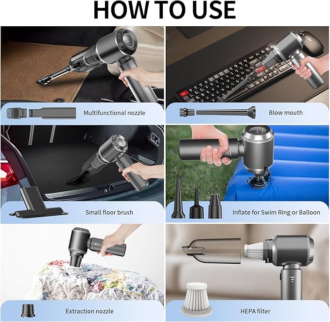 Yejay 20000Pa Car Vacuum Cleaner High Power, Cordless Mini Vacuum Air Duster for Car Detailing Kit, 4-in-1 Portable Handheld Vacuum with Brushless Motor, Aspiradora para Carro, Home Office Pet (Grey)