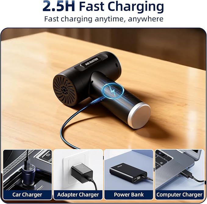Compressed Air Duster, 100000RPM Super Power Electric Air Duster with LED Light, 3-Gear Adjustable Rechargeable Cordless Air Blower for Keyboard Car House Electric Devices Cleaning Outdoor