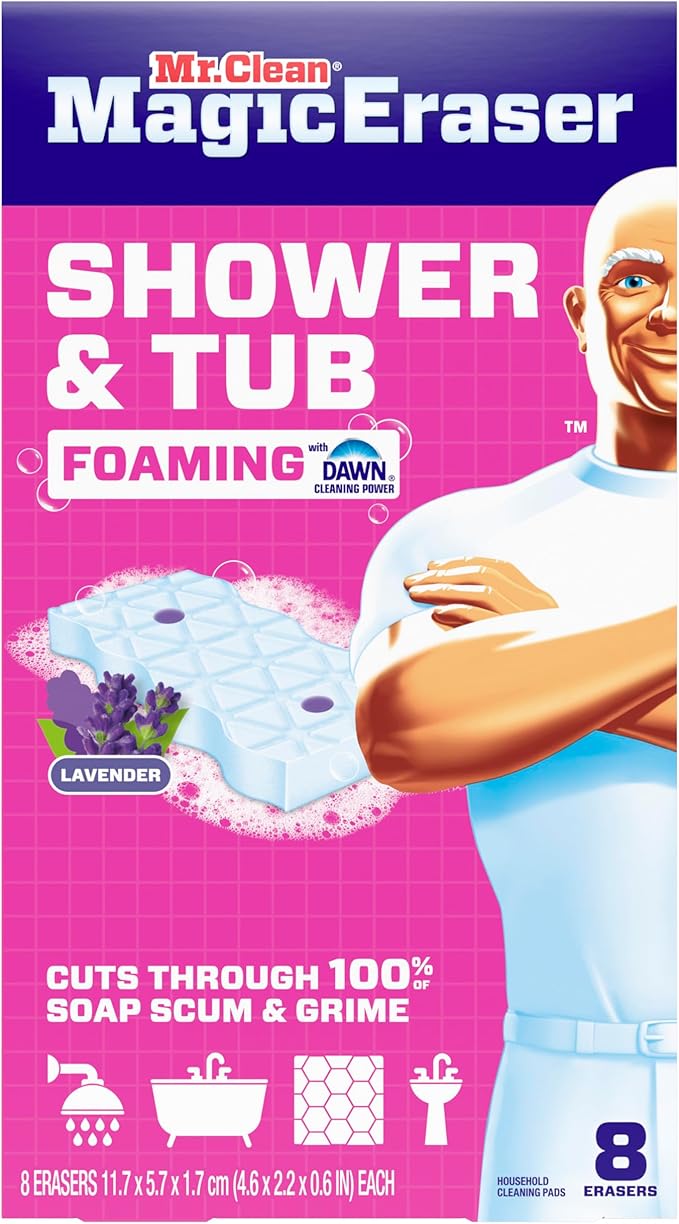 Mr. Clean Magic Eraser Sponge, Bathroom, Shower, Tub Cleaner, Soap Scum Remover, Bathroom Cleaning Supplies, Dawn Cleaning Power with Lavender Scent, Shower & Tub, 8ct