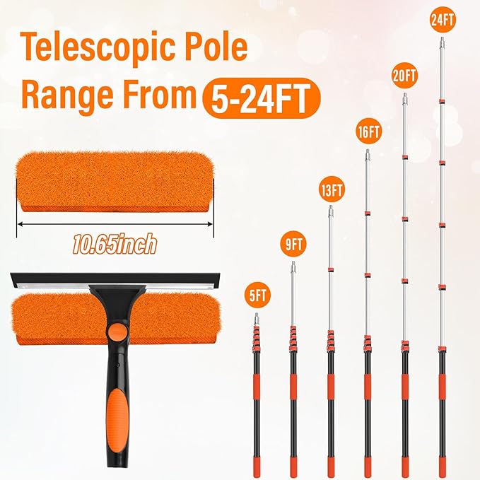 30FT Telescoping Window Squeegee Kit | 2-in-1 Professional Window Washer & Microfiber Scrubber with Extension Pole | High Reach Cleaning Tool for Outdoor, Indoor Windows & Glass