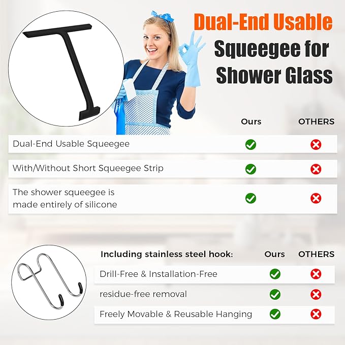 Shower Squeegee for Glass Doors,All-One-Piece Silicone Squeegee for Shower Glass with Mobile Hook,Household Window Mirror Squeegee,for Cleaner Bathroom, Window,Glass, Kitchen, Tile Wall, Car